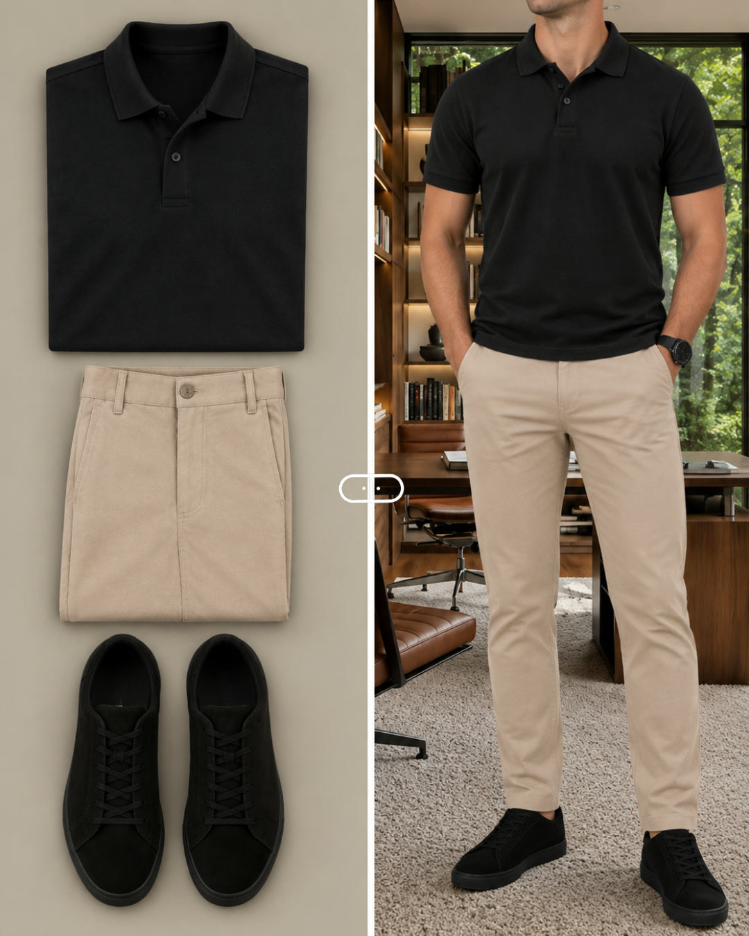 Camisa Polo Pima Preta + Calça de Alfaiataria Caqui + Tênis Nobuck Preto